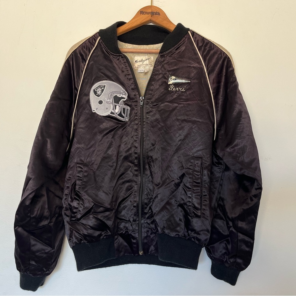 Vintage 1980s Oakland Raiders NFL San Diego Fan Club black satin bomber jacket
